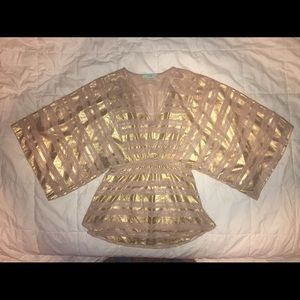 karlie taupe & gold cinched waist tunic blouse